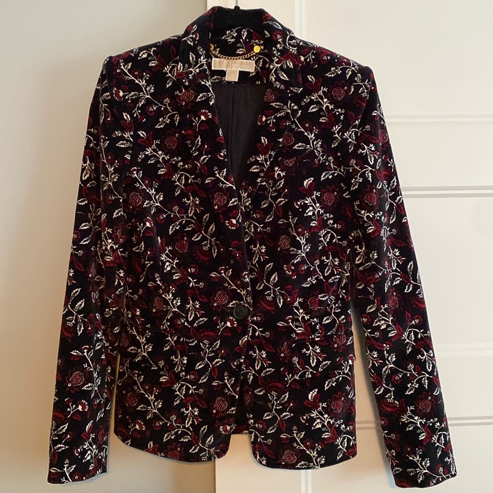 Michael Kors printed black, red, white velvet blazer